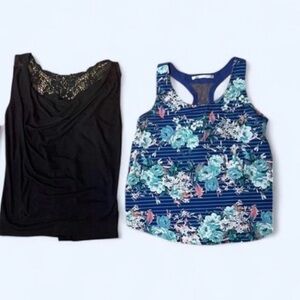 2 Women's Size Large Tops Solid Black and Blue Floral